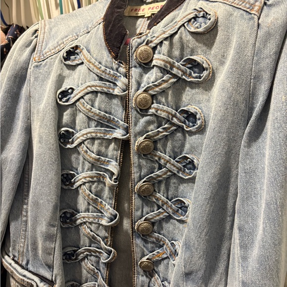RARE Free People Distressed Denim Military Jacket with Black Accents size Medium - Picture 3 of 5